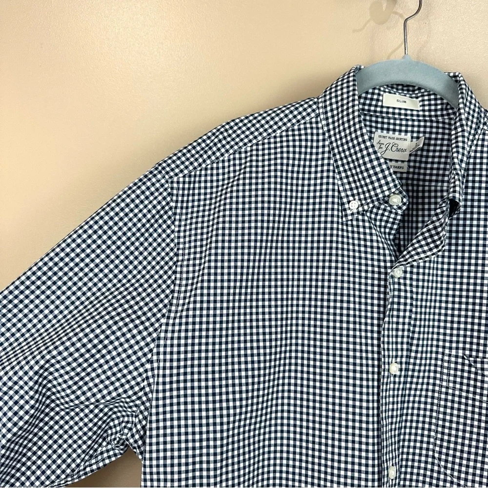 J Crew Men's Secret Wash Slim Fit Navy Blue Gingham Shirt Large Check Oxford